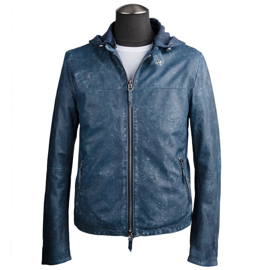Gimo's Washed Leather Jacket in Light Blue with Removable Hoodie