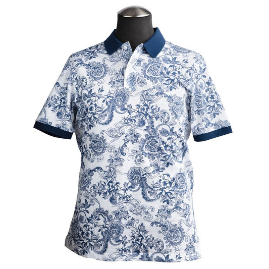 Gran Sasso Piqué Polo Shirt in White with Blue Floral Pattern