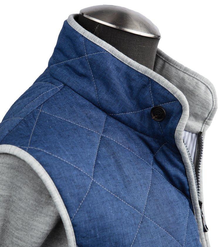 Waterville Quilted Cotton and Linen Vest in Blue
