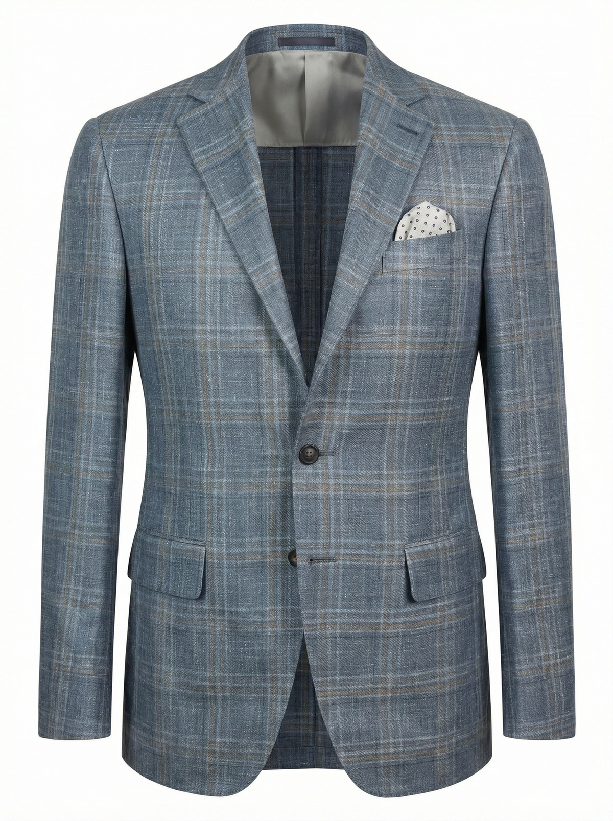 Canali Kei Model Wool, Silk & Linen Sport Coat in Dust Blue and Brown Windowpane