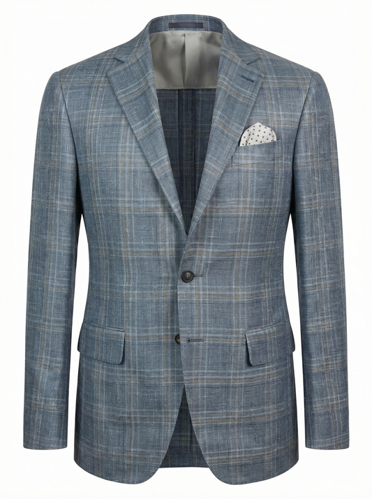 Canali Kei Model Wool, Silk & Linen Sport Coat in Dust Blue and Brown Windowpane