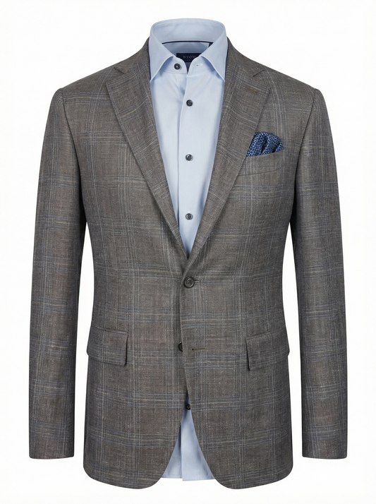 Canali Kei Model Wool, Silk & Linen Sport Coat in Mushroom Charcoal with Subtle Blue Windowpane