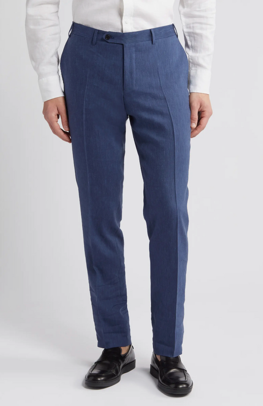 Canali Siena Classic Fit Linen Wool Blend Dress Pants in Mid Blue