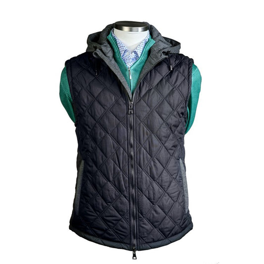 Waterville Water Repellent Quilted Nylon Vest with Detachable Hoodie in Black