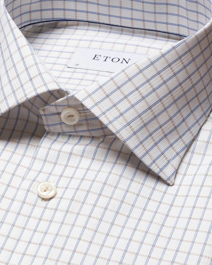 Eton Signature Twill Sport Shirt in White with Blue and Light Brown Check Pattern