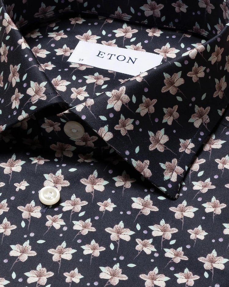 Eton Signature Twill Sport Shirt in Navy with Pink Floral Print