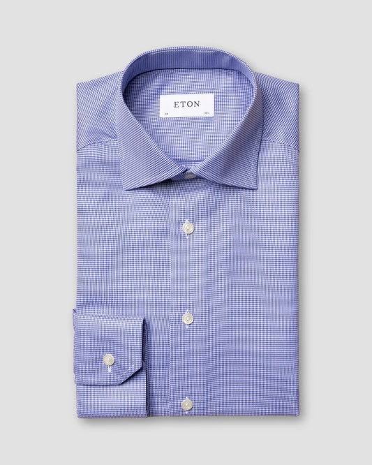Eton Mid Blue Patterned Textured Twill Sport Shirt