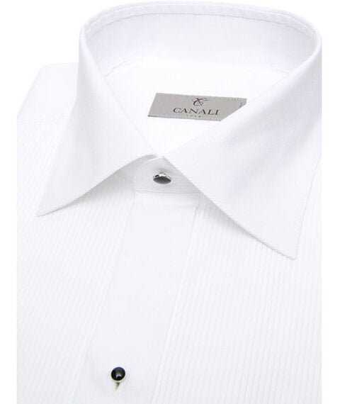 Canali Cotton Pleated Tuxedo Shirt in White