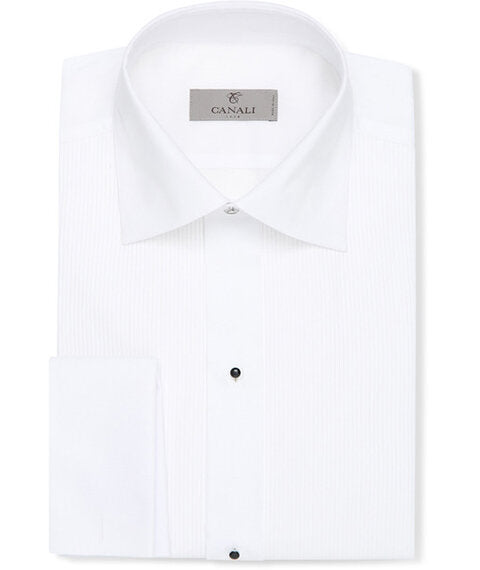 Canali Cotton Pleated Tuxedo Shirt in White