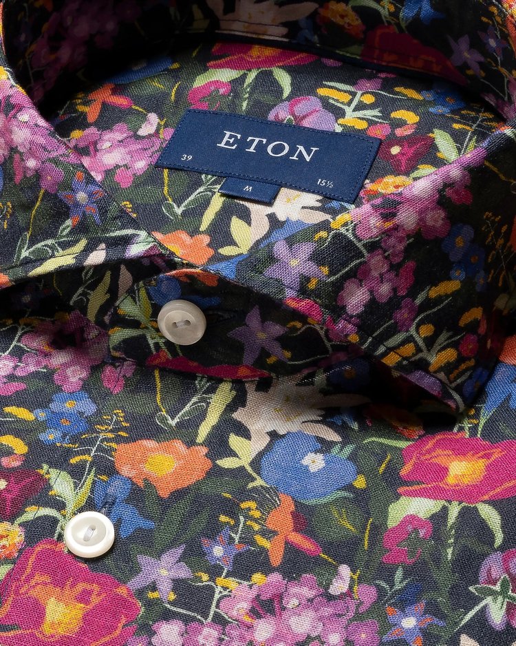 Eton Linen Sport Shirt in Dark Purple with Colorful Floral Print