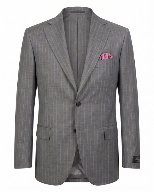 Belvest Super 130’s Wool Suit in Gray & Light blue Pinstripe