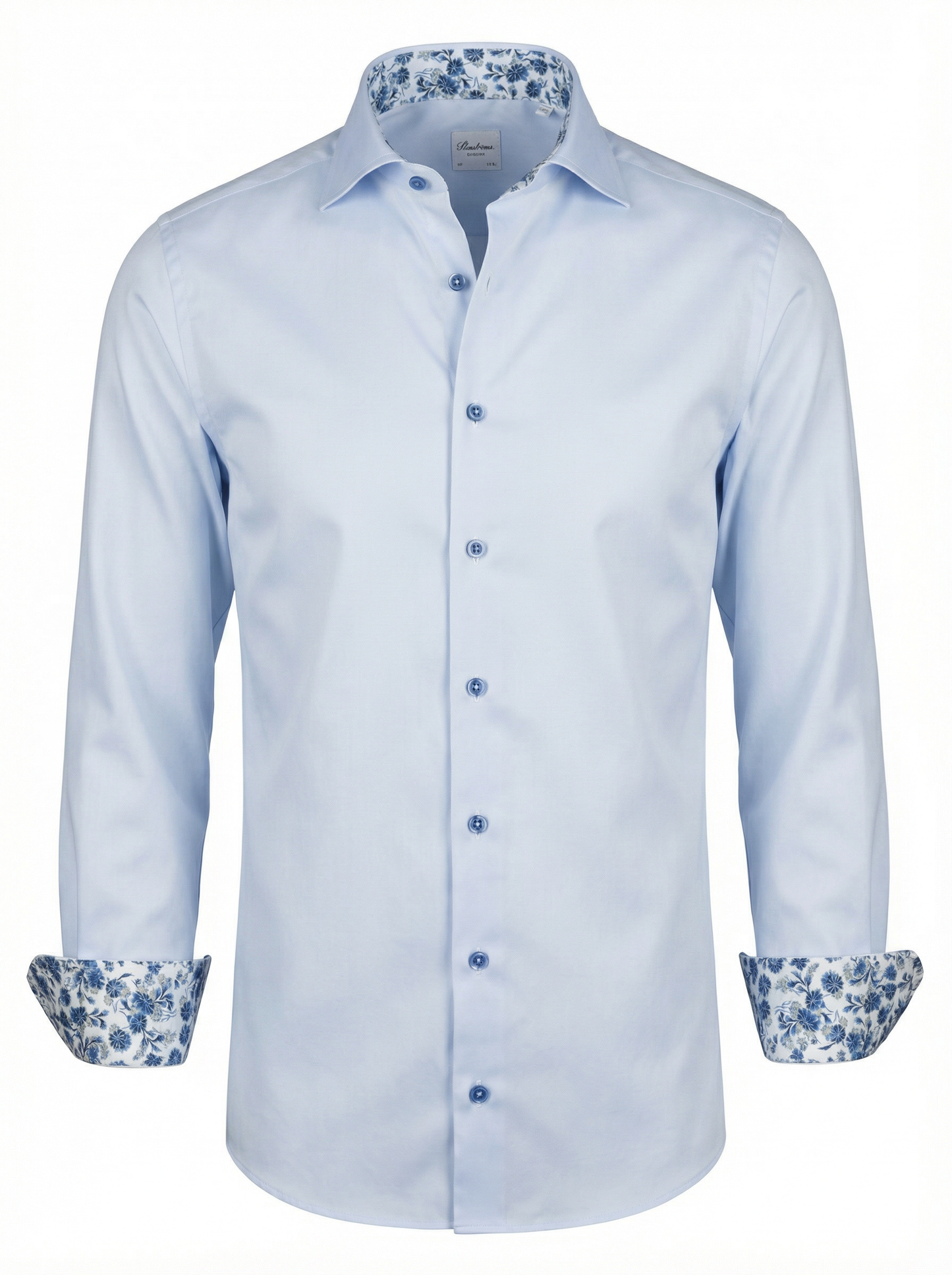 Stenströms Slim Blue Twill Shirt with Floral Contrast