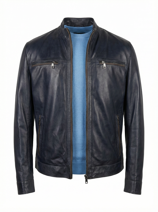 Milestone Lambskin Nappa Leather Jacket in Navy with Brown Piping