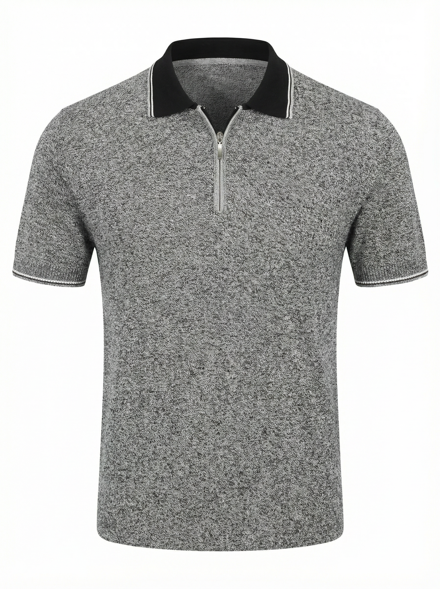 Codice Short Sleeve Cotton Zip Polo in Gray with Contrast Collar
