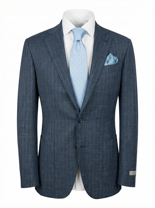 Canali Kei Model Chalk Stripe Suit in Mid Blue