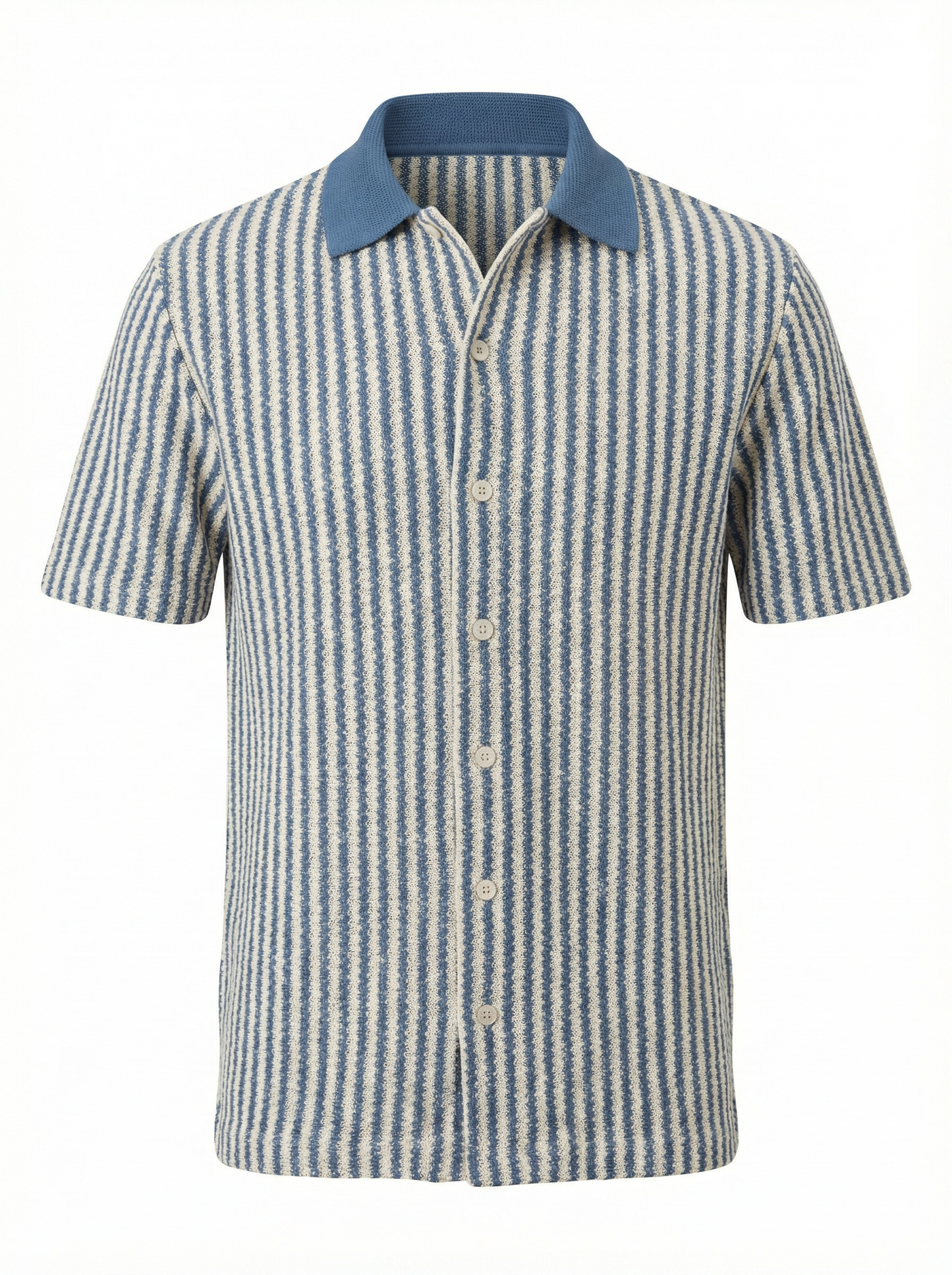 Gran Sasso Striped Knit Short Sleeve Button Shirt in Light Blue and White