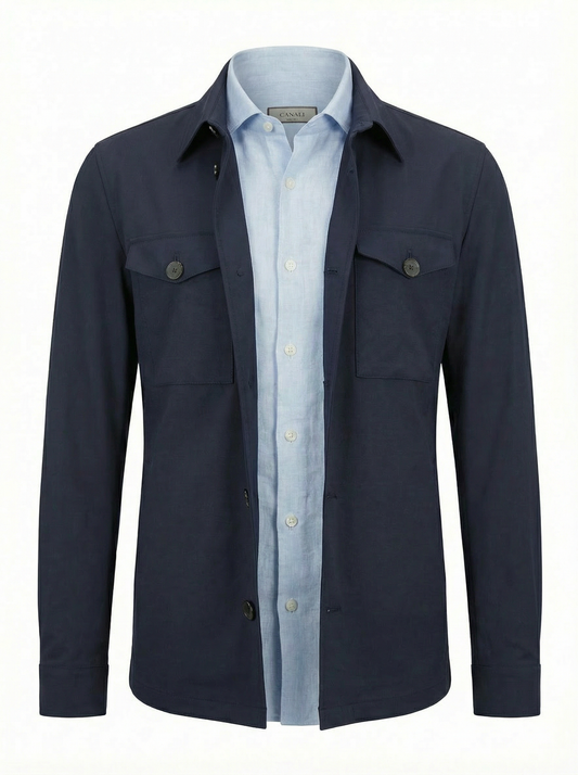 Fradi Wool Poplin Overshirt in Natural Stretch in Navy