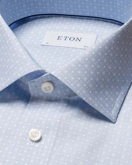 Eton Light Blue Geometric Print Signature Poplin Sport Shirt