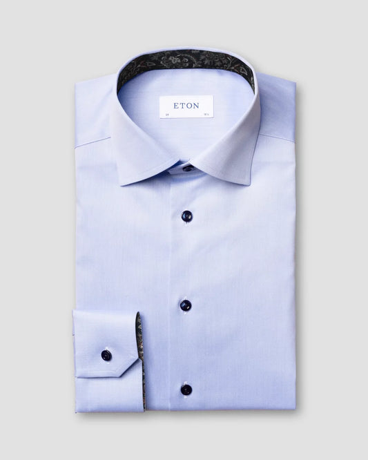 Eton Light Blue Signature Twill Sport Shirt with Paisley Contrast Details