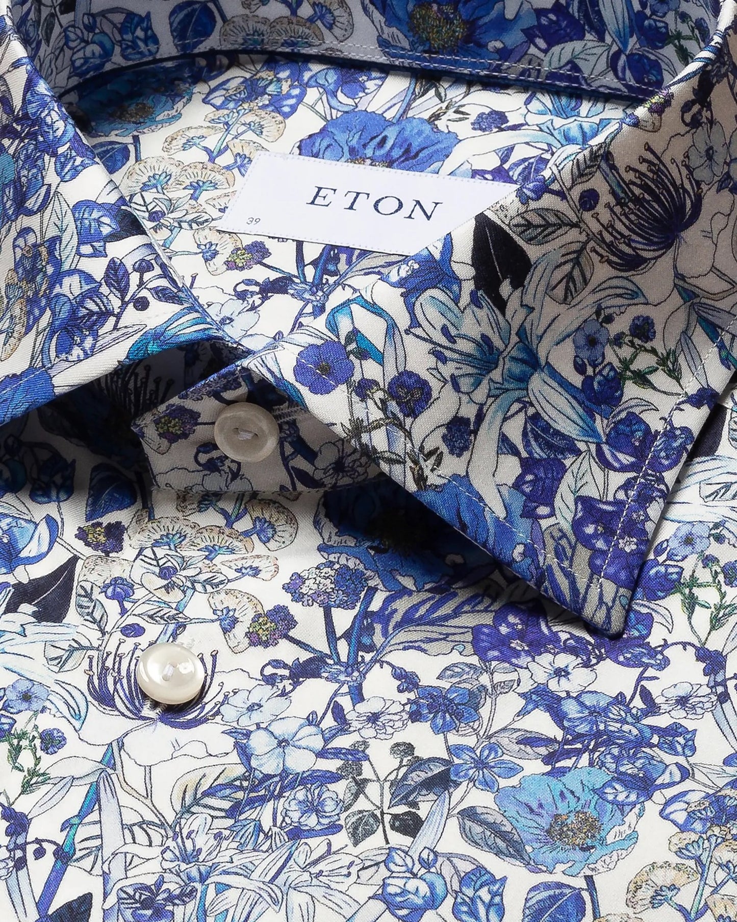 Eton Cotton Sport Shirt in White with Blue Floral Print
