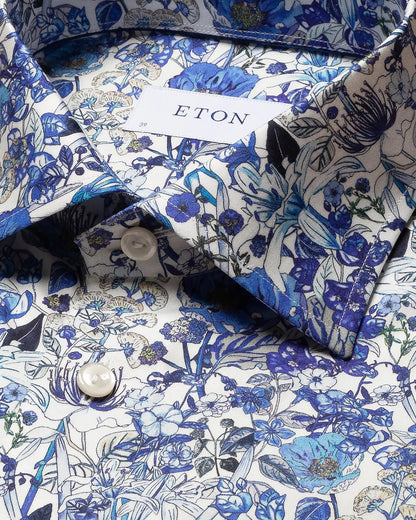 Eton Cotton Sport Shirt in White with Blue Floral Print