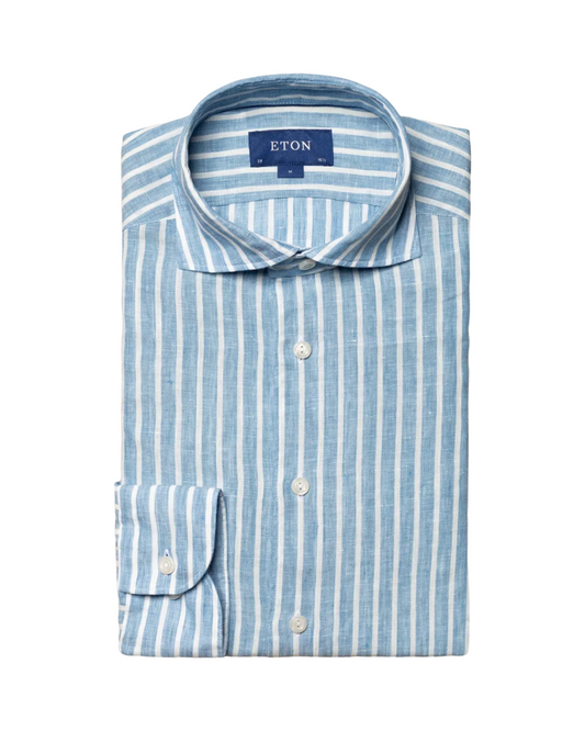 Eton Blue Striped Linen Sport Shirt
