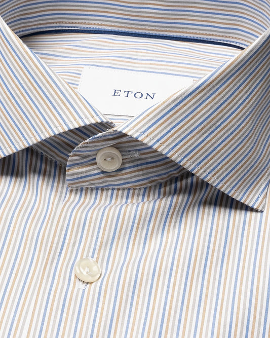 Eton Multi Striped Breeze Poplin Shirt Slim Fit in Beige and Mid Blue Stripes