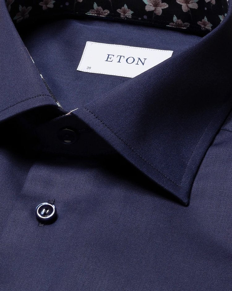Eton Signature Twill Sport Shirt in Navy with Pink Floral Contrast Details