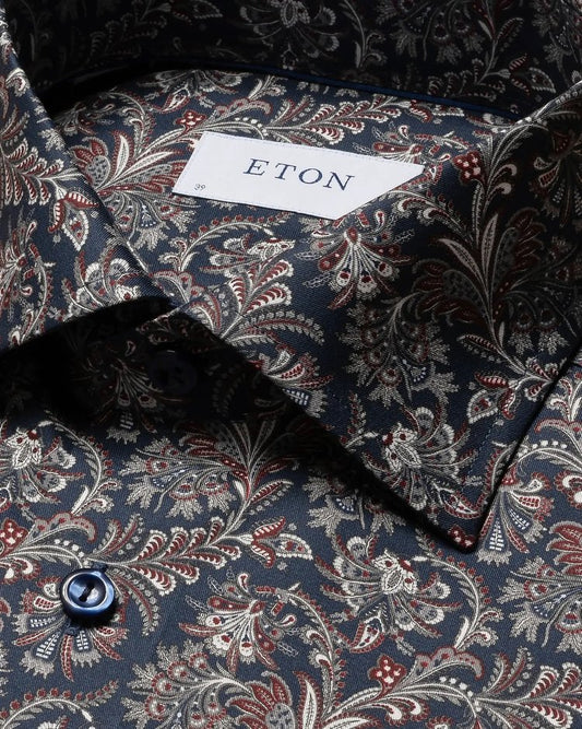 Eton Navy Paisley Print Signature Twill Sport Shirt