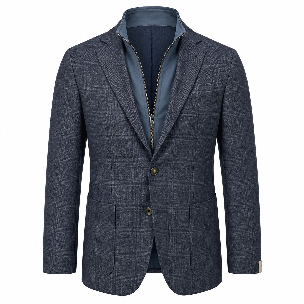 Corneliani ID Jacket in Wool Silk & Linen Blend with Detachable Bib Windowpane in Blue
