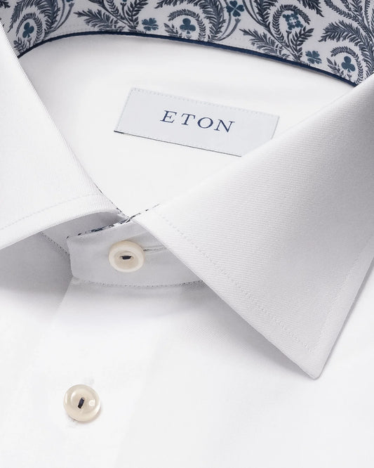 Eton Floral Effect Signature Twill Sport Shirt in White With Trim