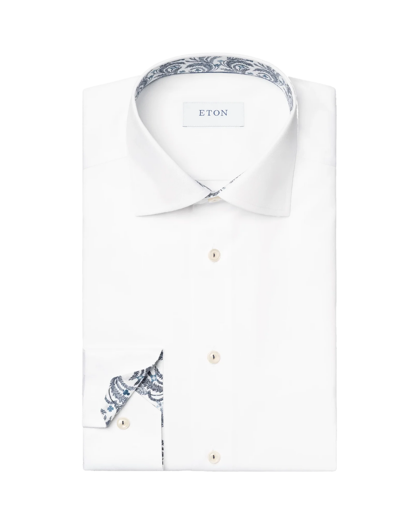 Eton Floral Effect Signature Twill Sport Shirt in White With Trim