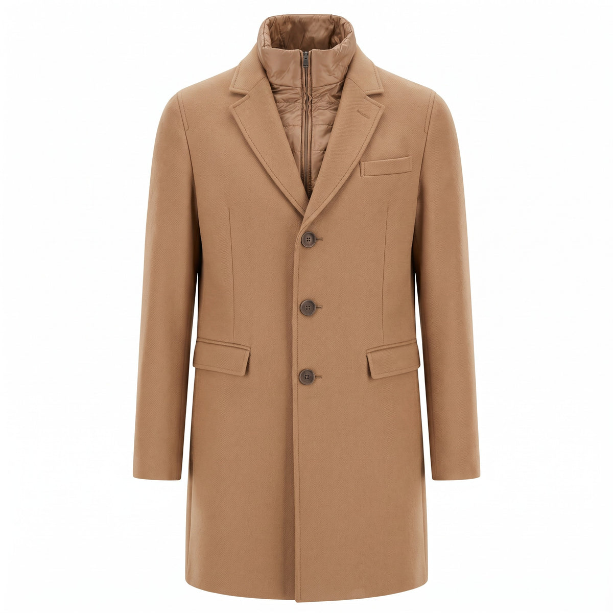 Herno Diagonal Wool Blend Topcoat With detachable Nylon Bib-Camel