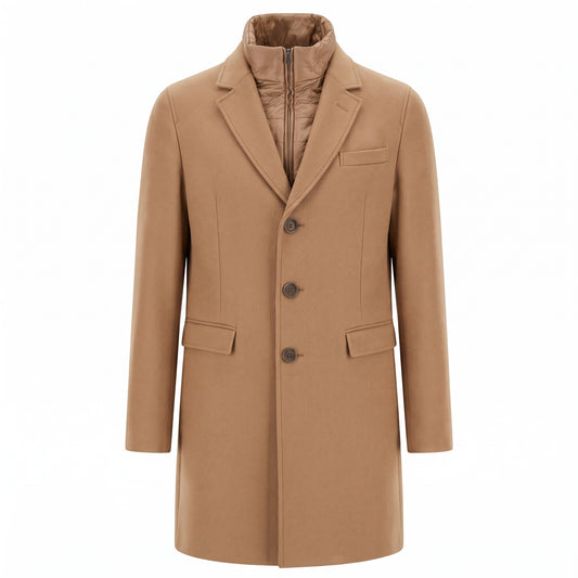 Herno Diagonal Wool Blend Topcoat With detachable Nylon Bib-Camel