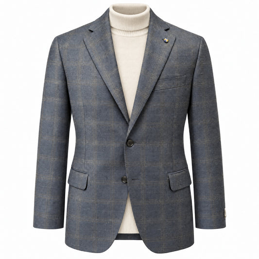 Belvest 100% Wool Windowpane Suit in Blue & Camel