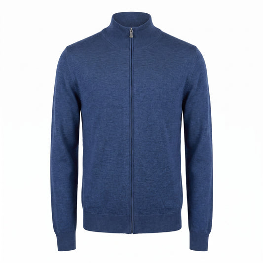 Gran Sasso Merino Wool Full-Zip Sweater in Mid Blue