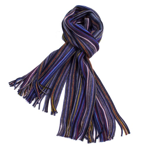 Colorful Pencil Stripe Wool Knit Scarf with Fringe In Navy/Multi
