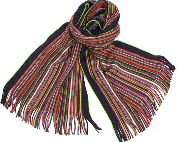 Colorful Pencil Stripe Wool Knit Scarf with Fringe In Green/Multi