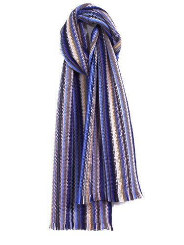 Colorful Stitch Stripe Wool Knit Scarf with Fringe Blue/Navy