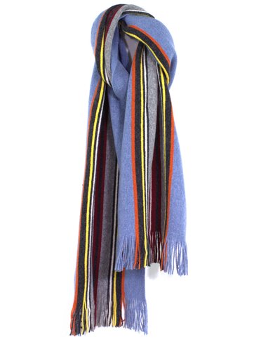 Colorful Wool Strip Scarf with Fringe In Blue/Multi