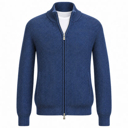 Gran Sasso Wool & Cashmere Ribbed Full Zipped Cardigan in Royal Blue
