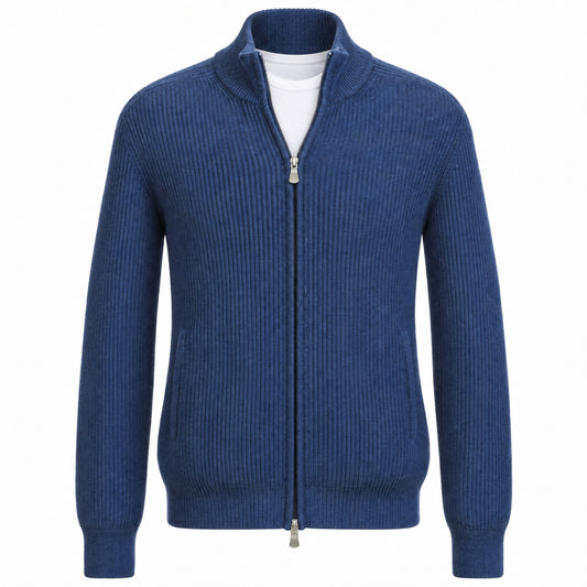 Gran Sasso Wool & Cashmere Ribbed Full Zipped Cardigan in Royal Blue