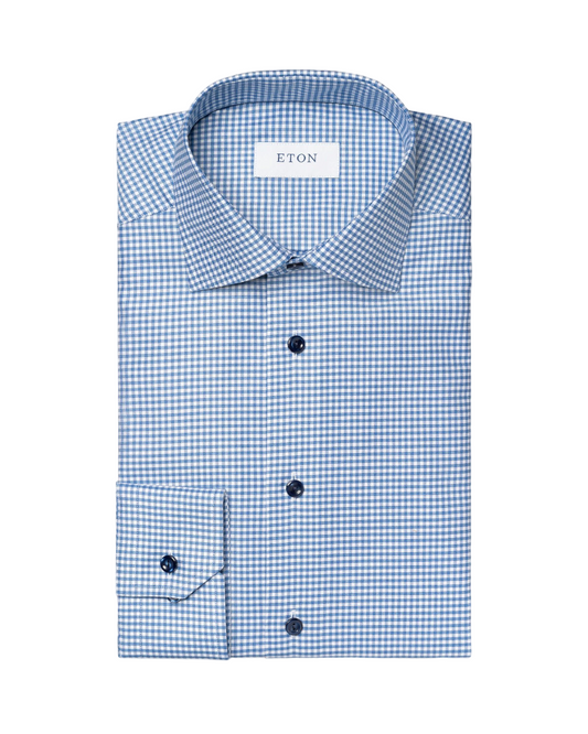 Eton Check Cotton Tencel Lyocell Sport Shirt in Mid Blue