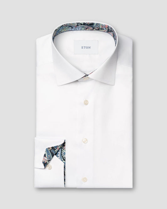 Eton Floral Effect Signature Twill Sport Shirt in White - Contemporary Fit.