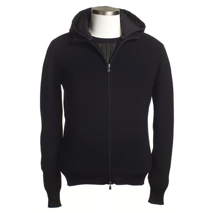 Gran Sasso Water-Resistant Wool Knit Sweater Jacket with Removable Hoodie in Black