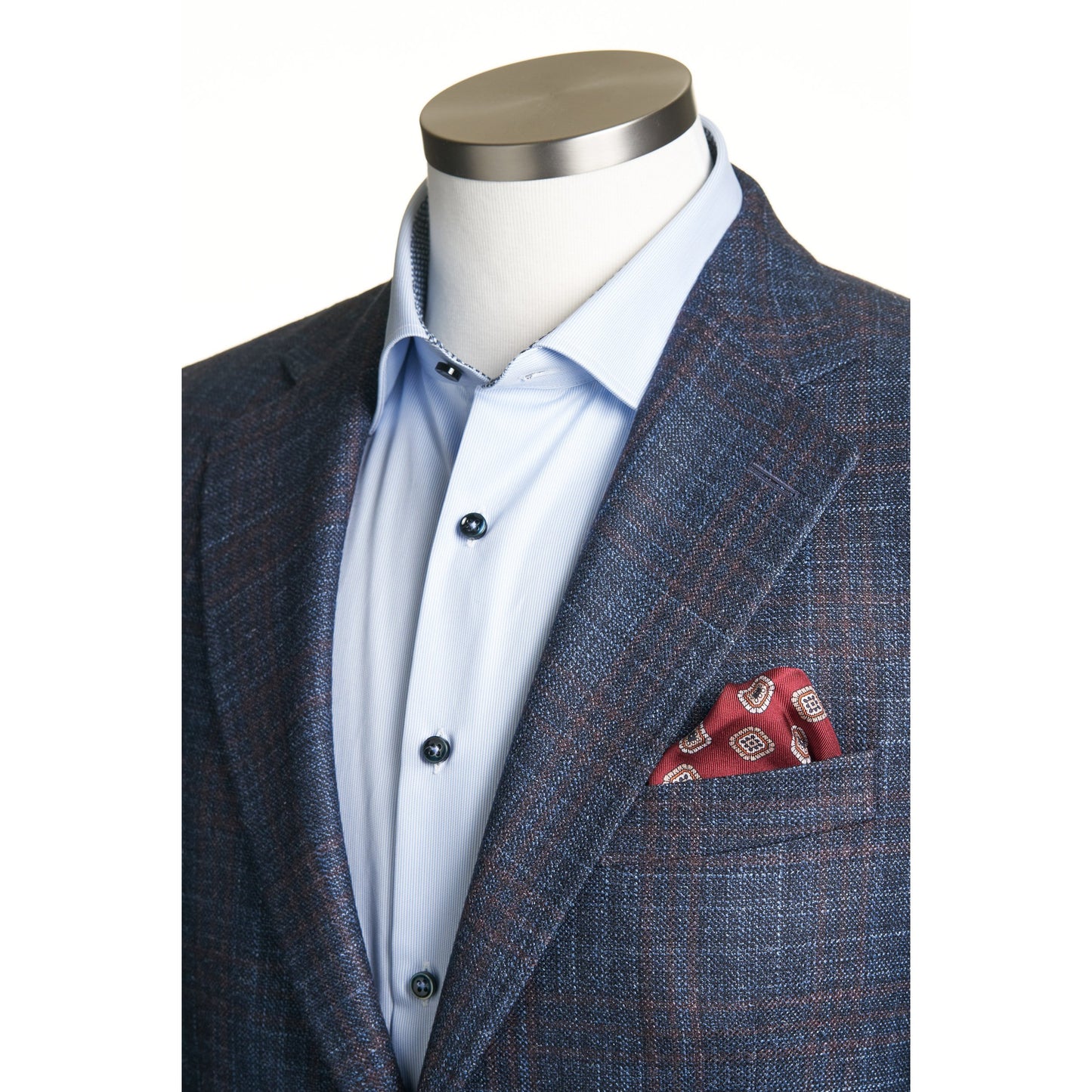 Uomo Sport Coat in Wool & Cashmere in Mid Blue & Light Maroon Plaid
