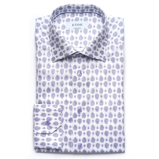 Eton Fine Twill Sport Shirt in White with Lavender Paisley Print