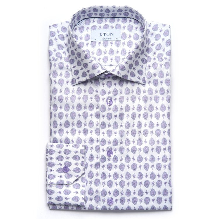 Eton Fine Twill Sport Shirt in White with Lavender Paisley Print