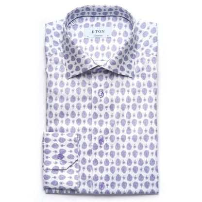 Eton Fine Twill Sport Shirt in White with Lavender Paisley Print