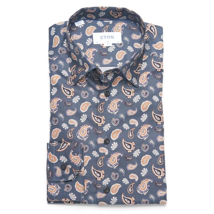 Eton Mid Blue Paisley Flannel Sport Shirt